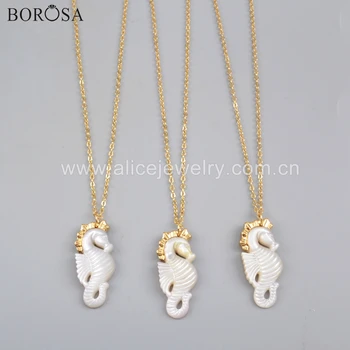 

BOROSA 5/10PCS Elegant 18inch Gold Color One Side Carved Hippocampus Natural White Shell Necklace Jewelry for Girls G1728-N