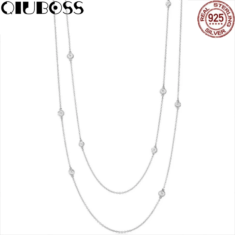 QIUBOSS TIFF 925 Sterling Silver Elegant Zircon Drop Necklace Ladies Glamour Fashion Clavicle Zirconia Clavicle Chain