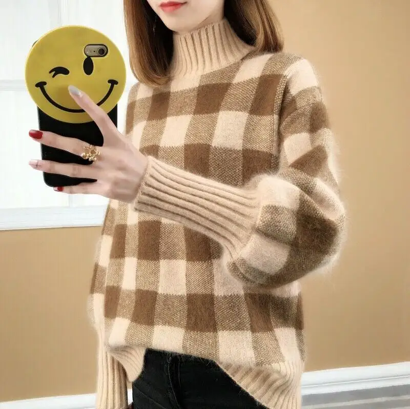 

2019 Autumn Winter Women Plaid Knitted Sweater Long Sleeve High Neck Sweater Casual Pullover Jumper