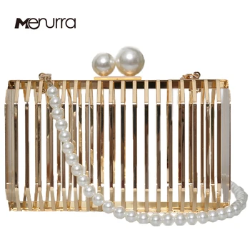 

Unique Design Metal Hollow Fashion Women's Evening Clutch Bag Ladies Pearl Chain Shoulder Bag Crossbody Messenger Party Bag