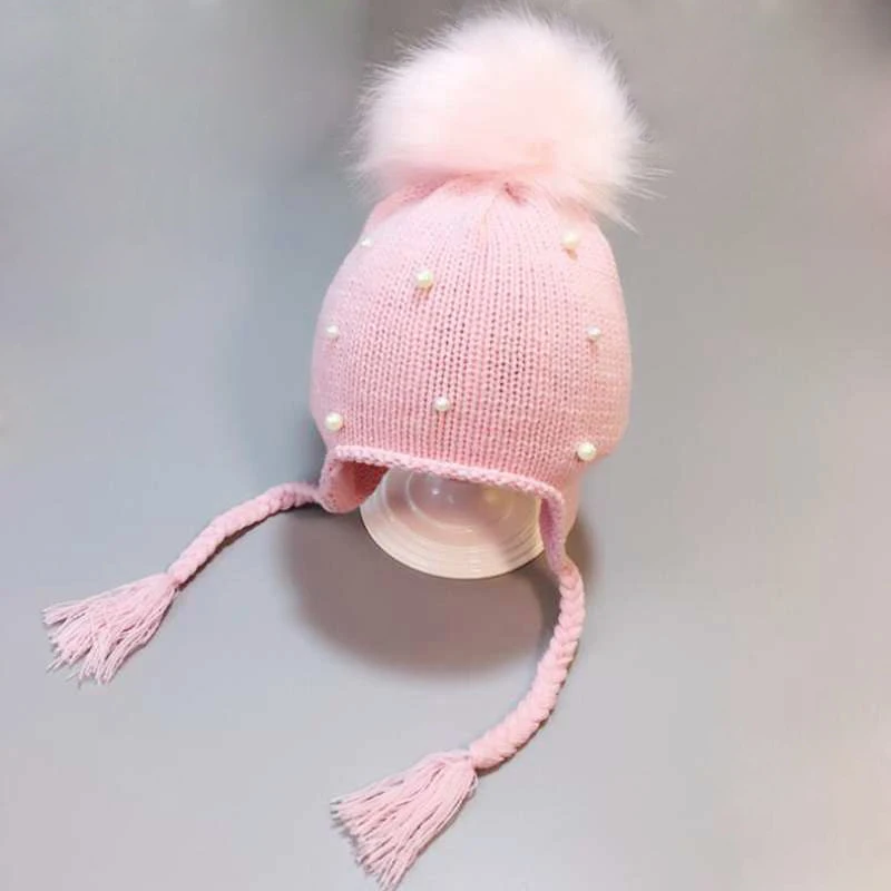 Милая шапочка для малыша с героями мультфильма, Теплая Зимняя Вязаная Шапка-бини для девочек и мальчиков с помпоном, защищающая уши, шапка в форме кролика, детская шапка - Цвет: style 2 pink