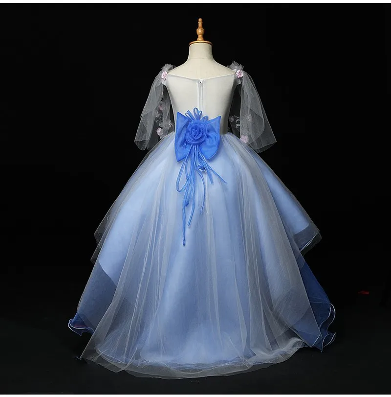 Небесно-голубые платья для девочек, держащих букет невесты на свадьбе, коллекция года, бальное платье, короткое спереди и длинное сзади, вечернее платье для маленьких девочек, детское платье для торжеств