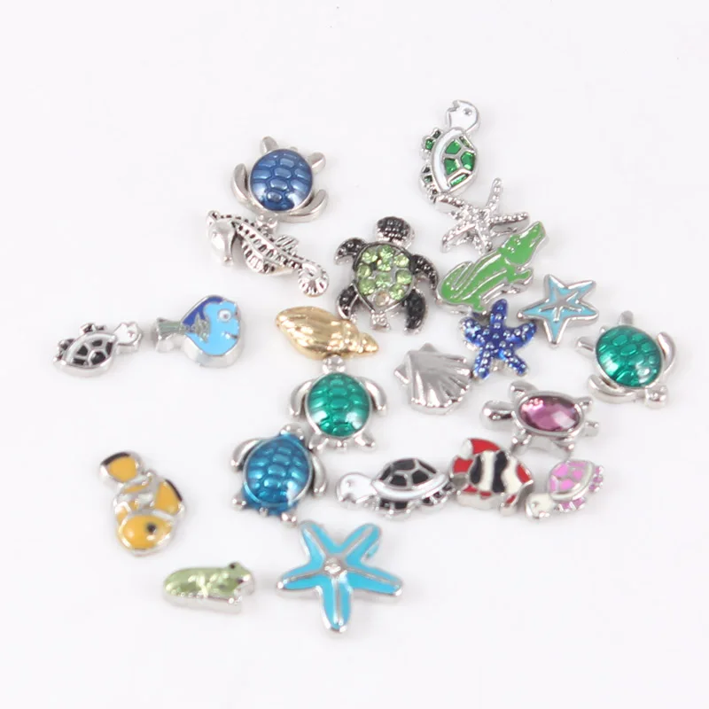 

Wholesale 100pcs/lot Random Mixed Crocodile Starfish Turtle Fish Conch Shell Frog Floating Charms For Floating Lockets
