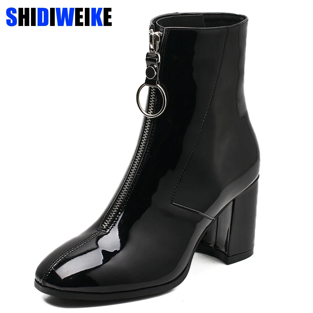 

2019 Brand Zipper Boots Woman Front Big Zipper Open Botas Mid-Calf Botines Winter Thick High Heels Patent Leather Booties g410