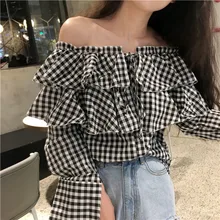 Women Shirts Promotion Rushed Full Blusa 2017 Summer Female Blouse Word Collar Leaf Side Plaid Shirt Loose Strapless And Woman