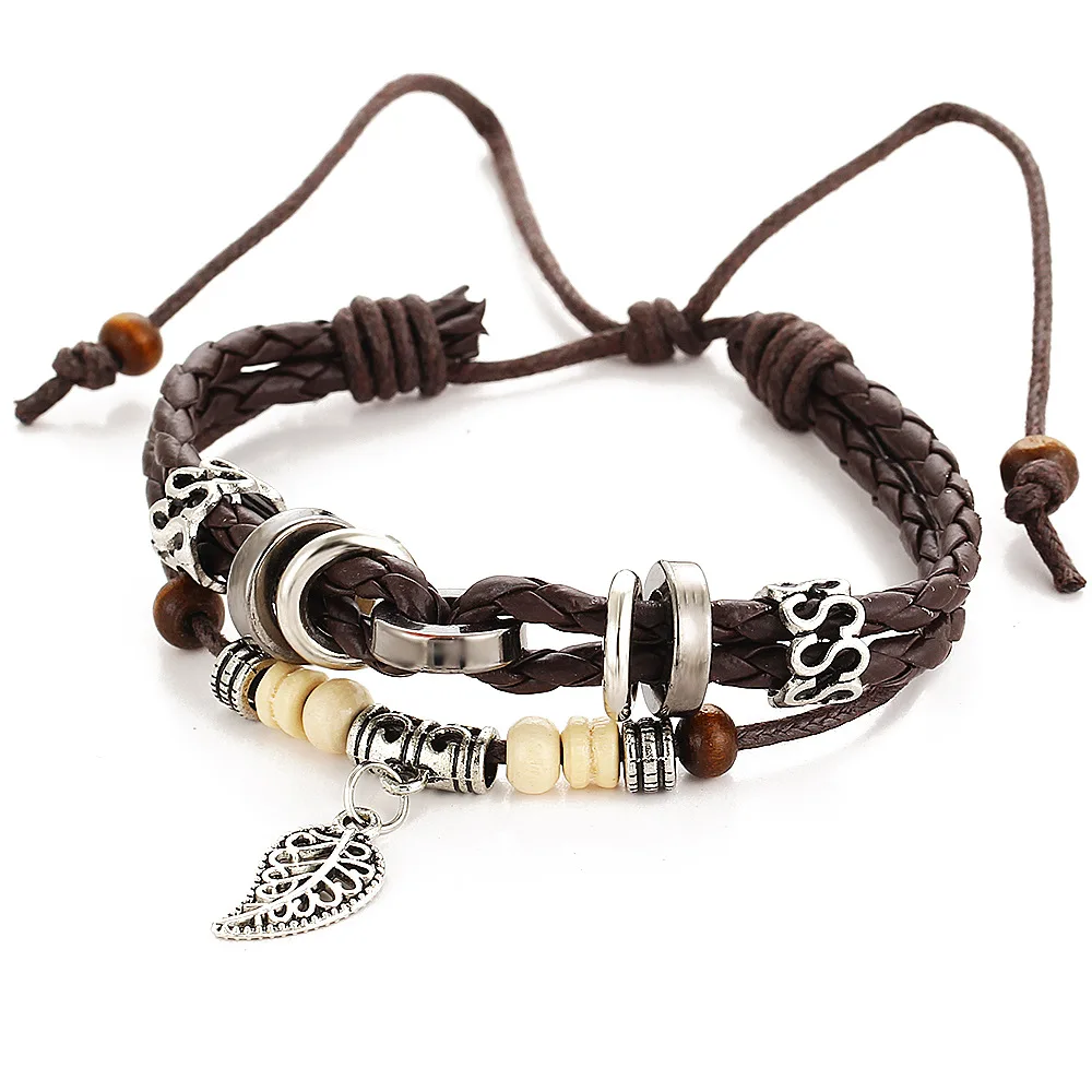 Daisies Leaves Charms Woven Leather Bracelets For Women Male Cuff