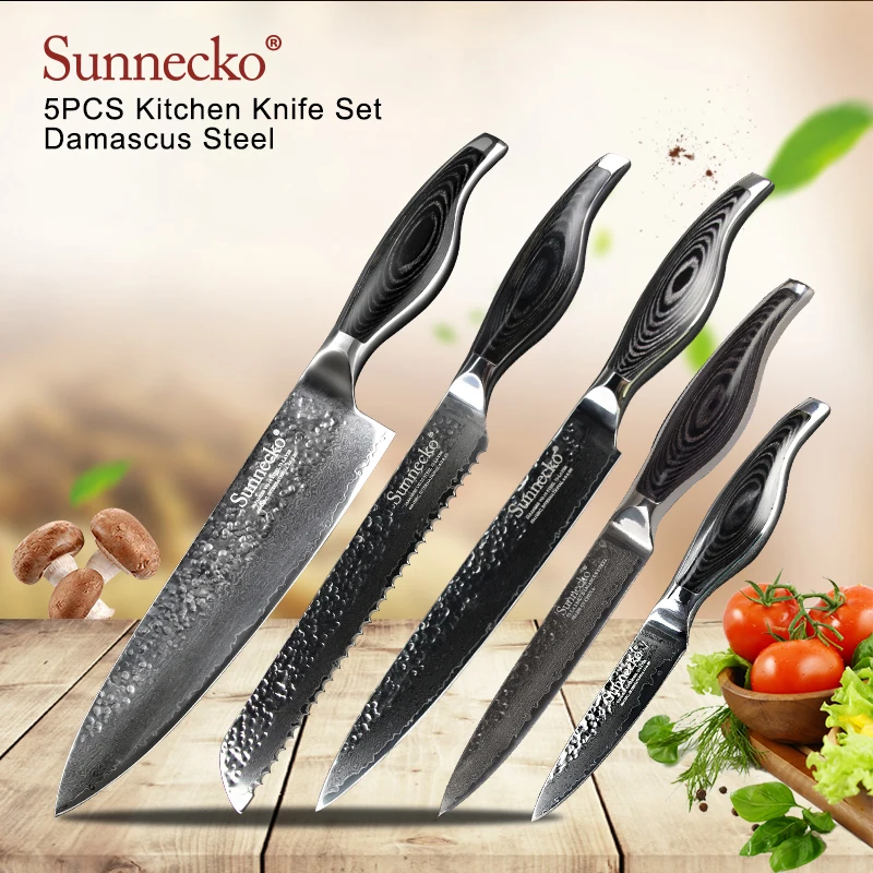

SUNNECKO Chef Utility Paring Slicing Bread Knife Damascus Steel Japanese VG10 Blade Pakka Wood Handle 5PCS Kitchen Knives Set