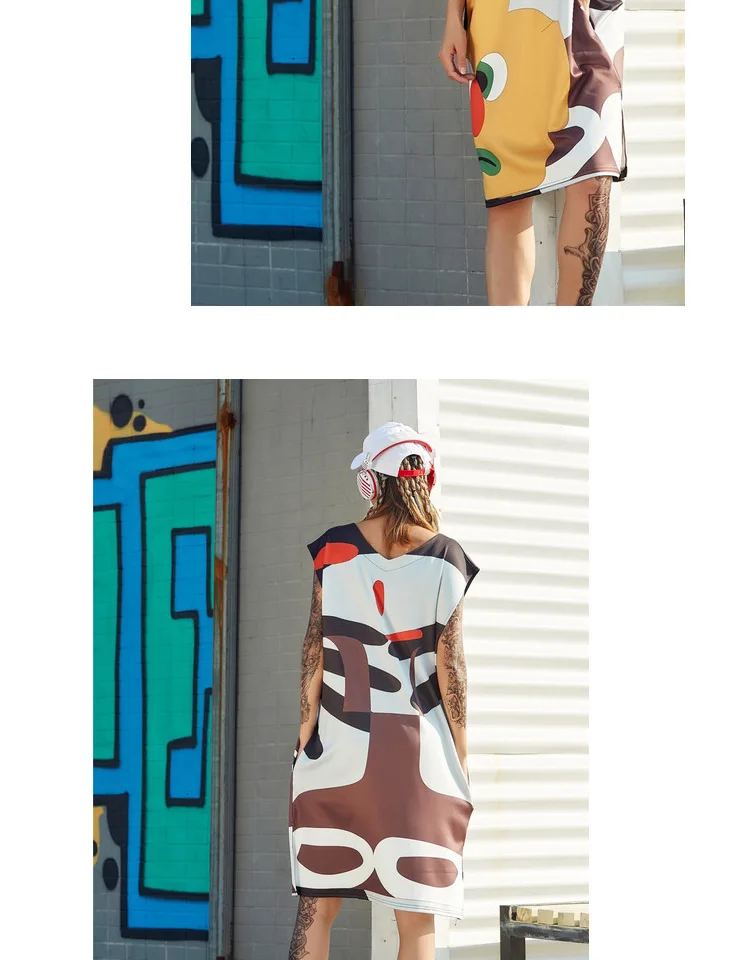 Новые летние сексуальные платья с v-образным вырезом, Мультяшные платья с дизайном «граффити» для женщин, хип-хоп прямые длинные футболки без рукавов, платье, уличная одежда