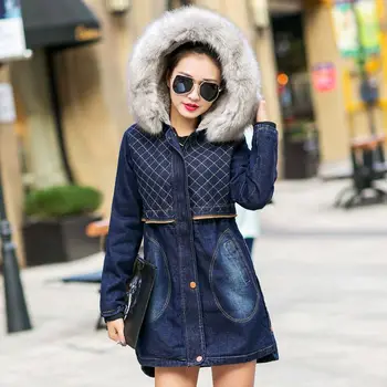 

Denim Faux fur jackets 2017 New Winter Thickening Basic jeans Coat Parka Fleece Coat Hooded Long Denim Outerwear jaqueta G091001
