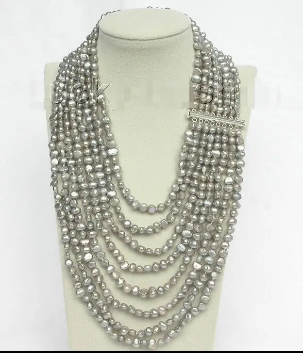 

Free Shipping >>>17"-24" 8row baroque Gray pearls necklace 925 silver clasp j8748