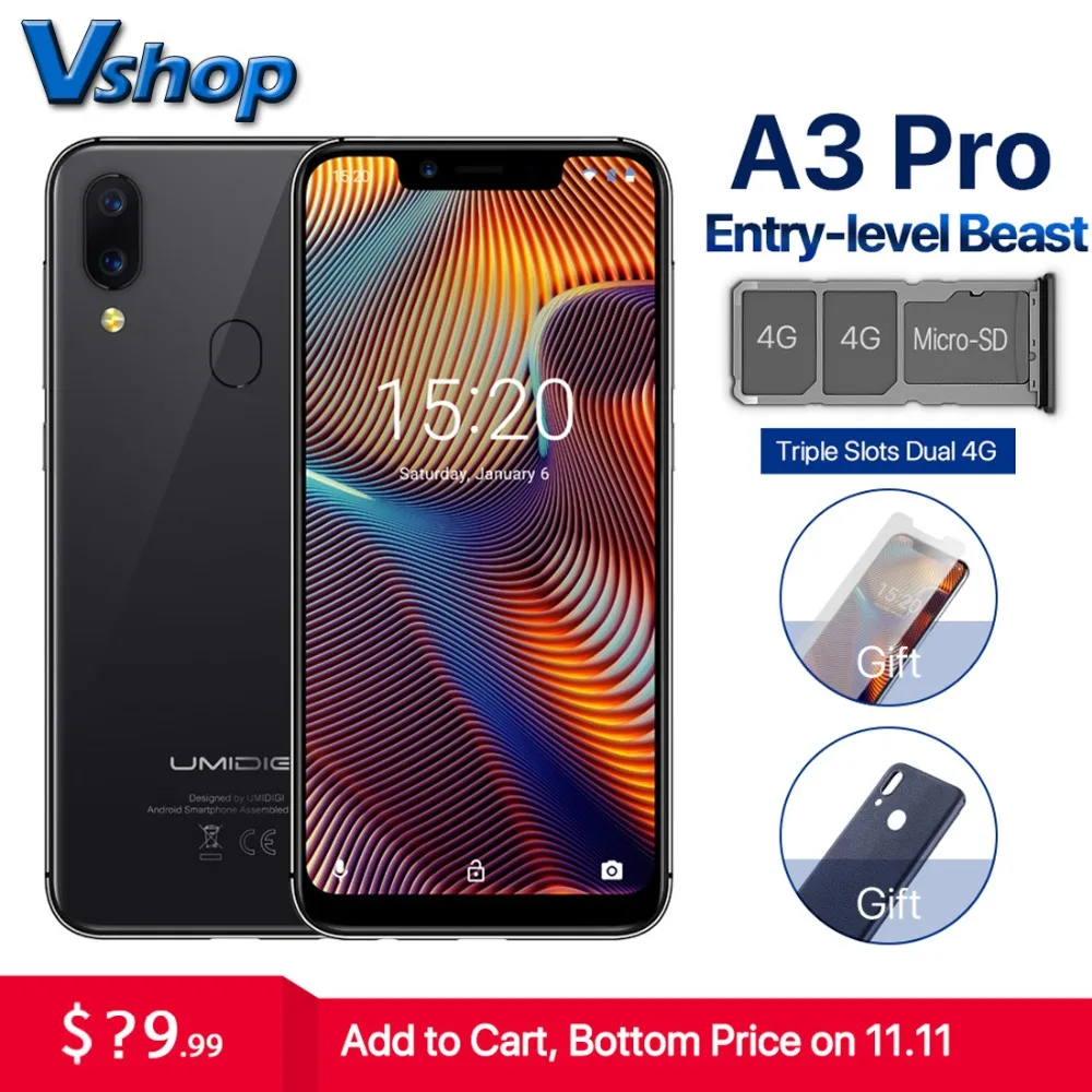 

Original Umidigi A3 Pro 4G Mobile Phone Android 8.1 3GB+32GB Quad Core Global Version Smartphone 12MP+5MP Face ID Cell Phone