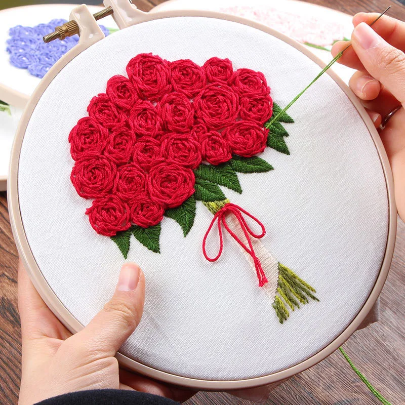 

3D DIY Rose Flowers Wedding Bouquet Embroidery Set Needlework Kits Cross Stitch with Hoop for Beginner Unique Gift Home Decor