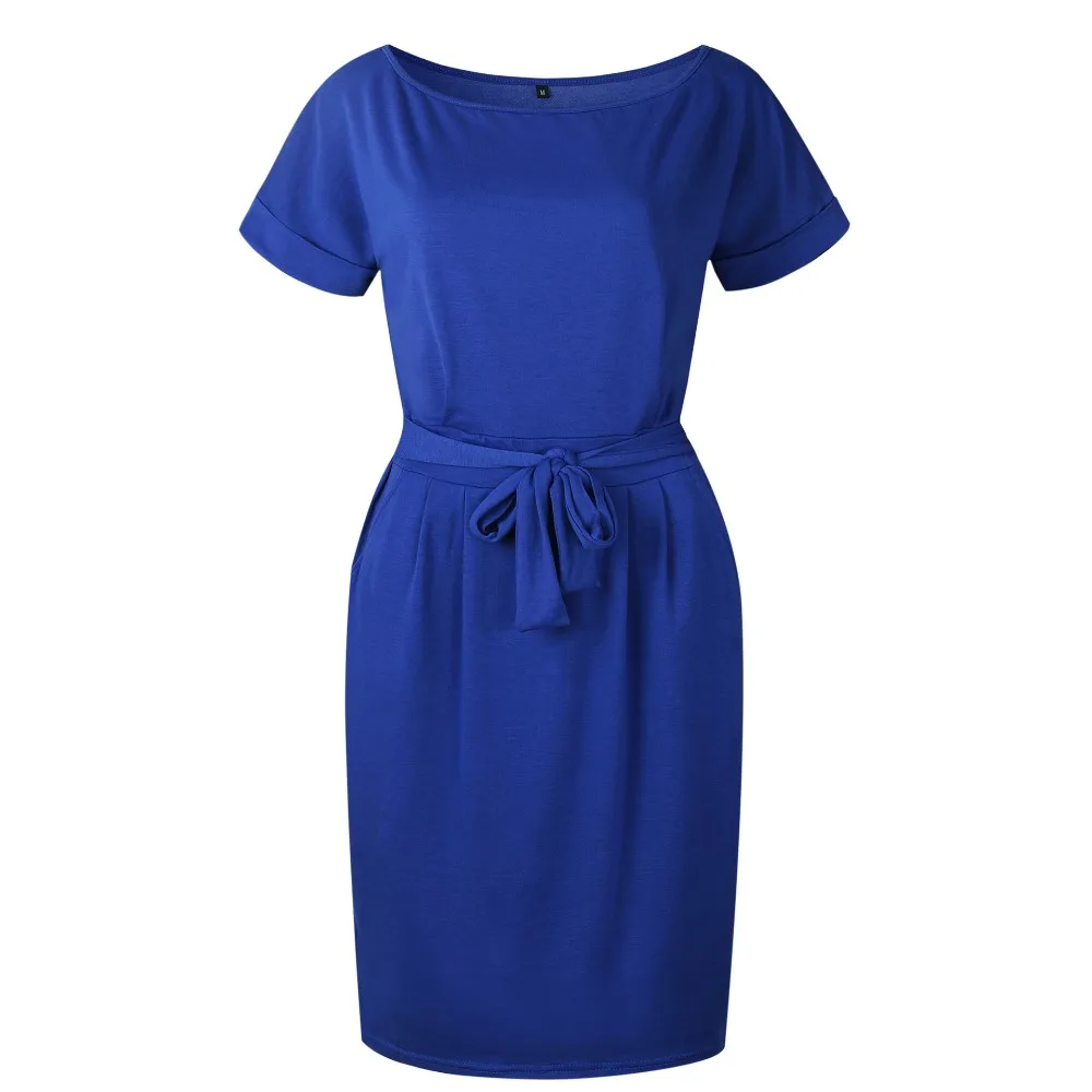 Свободное женское платье-рубашка с коротким рукавом, летнее платье для женщин, плюс размер, синее повседневное Хлопковое платье средней длины с карманами для женщин