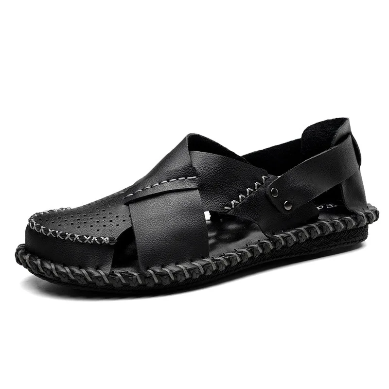 

Men Sandals Summer Outdoor Sport Men Beach Shoes Comfortable Handmade Genuine Leather Black Flat Flip Flops
