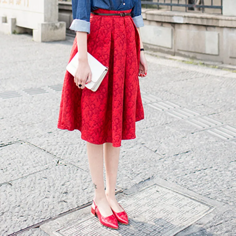 Новая модная женская осенняя летняя повседневная юбка с высокой талией, винтажная юбка миди с принтом, Весенняя плиссированная юбка в стиле Хепберн - Цвет: red