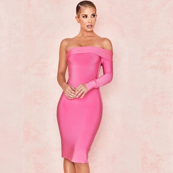 

2019 New Elegant pink Long Sleeve One Shoulder Sexy Slash Neck Bandage Dress Solid Summer Bodycon Off The Shoulder Vestidos Club