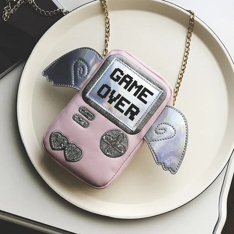 

2019 New Fashion PlayStation Laser Shining Game Over Printing Women Mini Shoulder Bags With Angel Wings Women Messenger Bags
