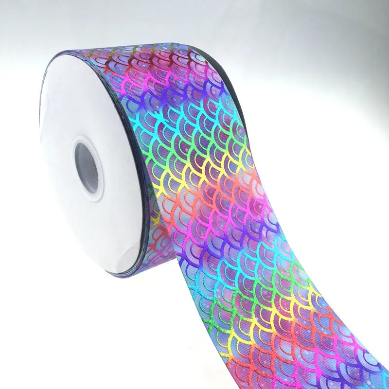 

Hot sale Wholesale 3 inch rainbow Fish Scale hologram Ribbon DIY Party Decoration
