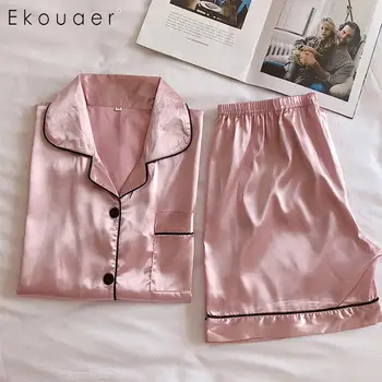 

Ekouaer Women Silk Pajamas Set Two Pieces Set Turn Down Collar Short Sleeve Pocket Shorts Summer Pajamas Set Sexy Nightwear