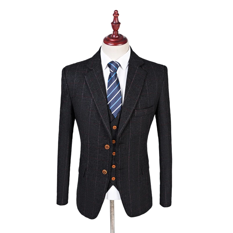 Men's Navy Blue Slim Fit Tweed Herringbone Wool Blend Suit - 3 Piece Set (Jacket, Vest, Pants) - View #10