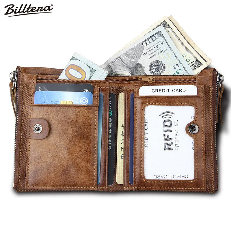 

Billtera Men Wallet Short Rfid Man Purse Double Zipper Leather Purses Male Solid Men's Bag Birthday Gift Special Offer