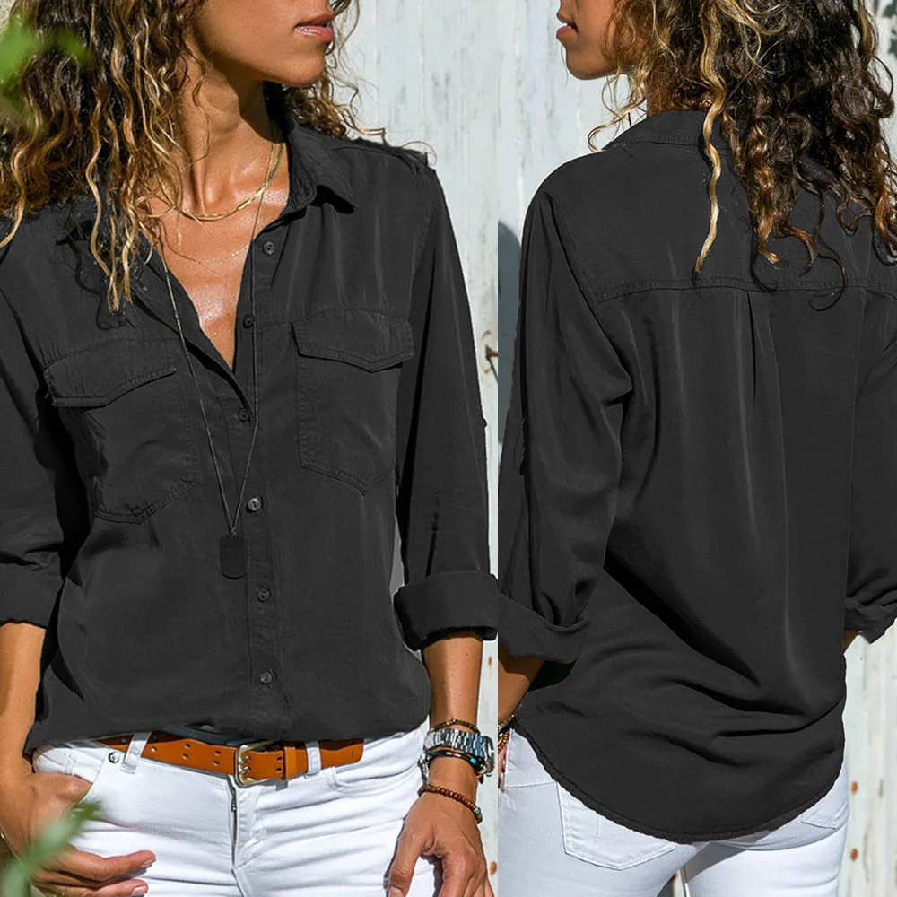 

Casual Loose Women Shirts 2019 Summer Fashion Collar Plus Size Blouse Long Sleeve Buttons Black Shirt Tops Streetwear XXXXXL New
