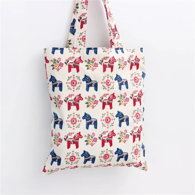 YILE Cotton Canvas Shopping Tote Shoulder Carrying Bag Eco Reusable Bag Print Horses & Flower-in ...