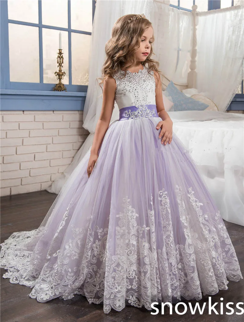 

2019 elegant lavender flower girl dress for wedding with beaded crystal bow open back tulle for kids pageant dresses with train