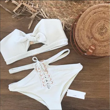 

2019 New Swimwear Women White Solid Color Strapless Shoulder Bandage High Waist Bikini Set Two Piece Split Swimsuit A2368YPC