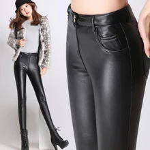 Теплые черные женские кожаные брюки размера плюс 4XL, женские утолщенные бархатные брюки из искусственной кожи, высокие эластичные кожаные леггинсы, брюки-карандаш