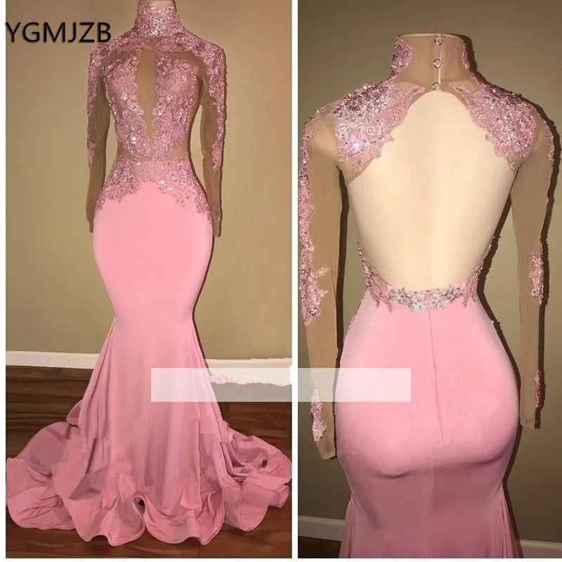 

Backless Sexy Mermaid Prom Dress Pink High Neck Full Sleeves Lace Beads African Black Girls Formal Party Gown Evening Gala Dress