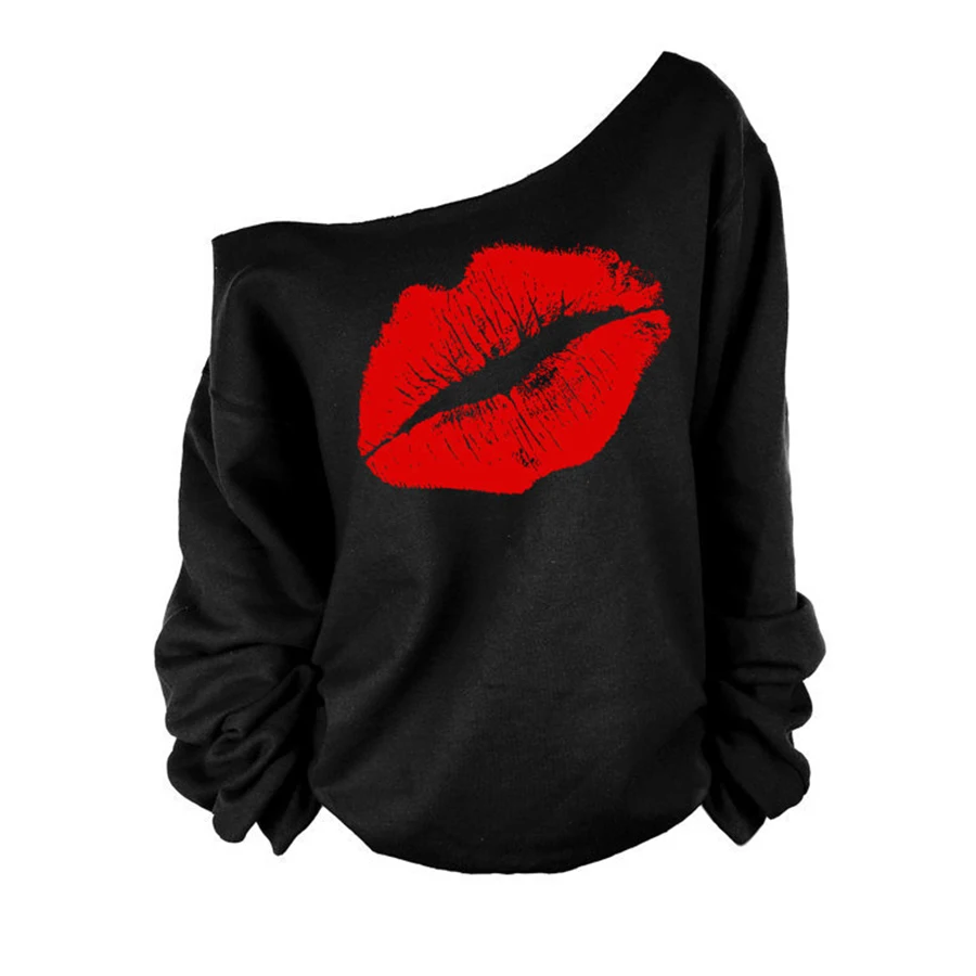  DICLOUD 2018 Plus Size Women Sweatshirts Sexy Red Big Lips Printed Pullovers Off Shoulder Long-Slee