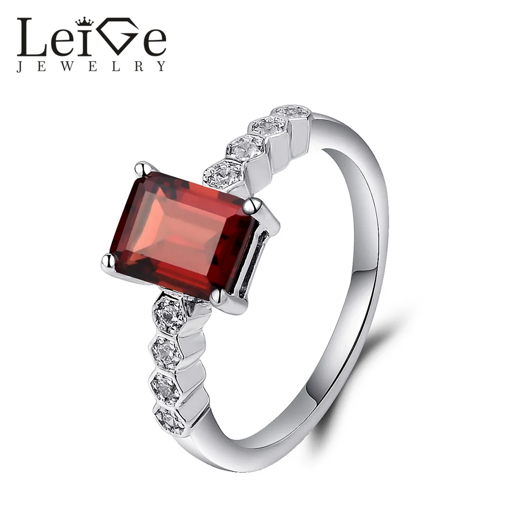 Leige Jewelry Natural Engagement Ring Red Gemstone Emerald Cut Silver 925 Promise Wedding