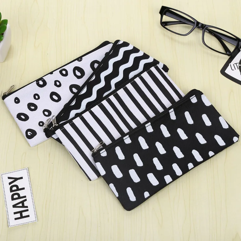 

Brief Black White Stripes Canvas Pencil Case Stationery Storage Organizer Bag School Office Supply Escolar