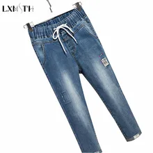 LXMSTH стрейч джинсы для женщин женские лето г. Капри для эластичный пояс дамские шаровары лоскутное плюс размеры 5XL повседнев