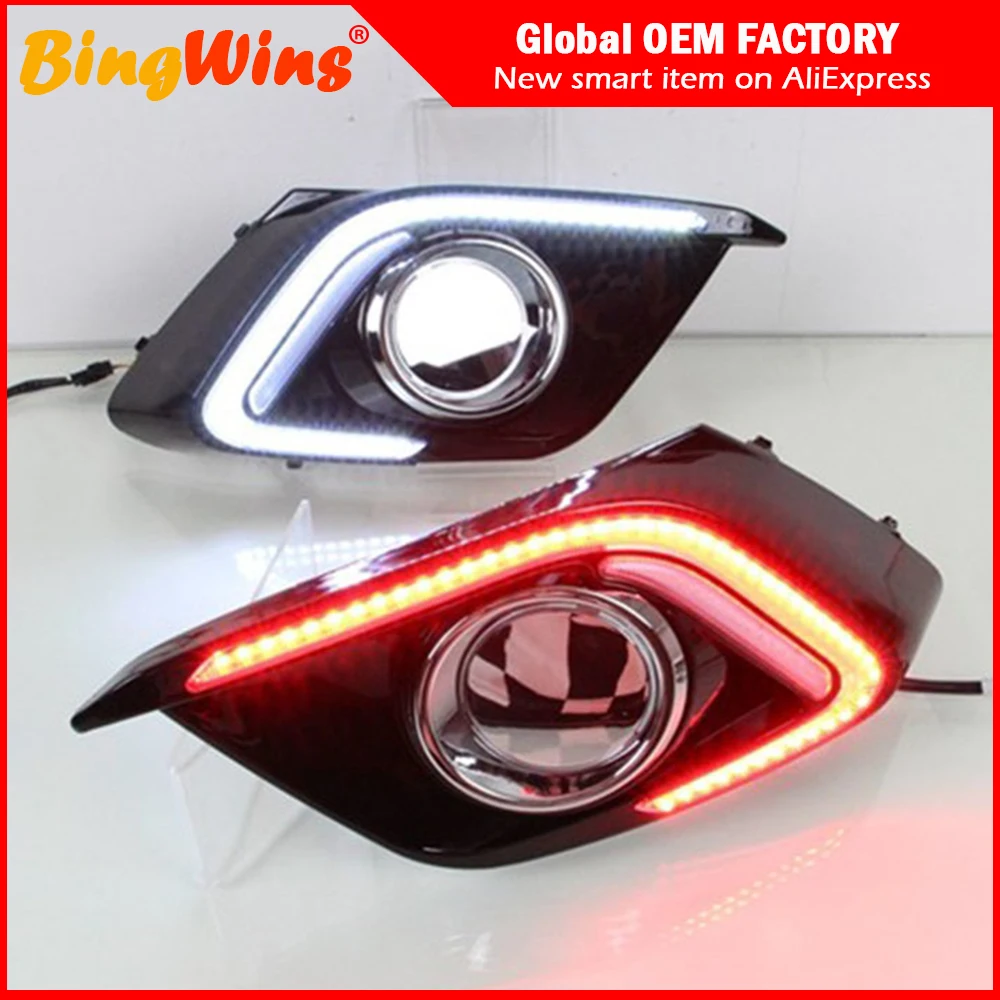 

Car stlying DRL Daytime Running Light High Bright White Day Light + Amber Turn Signal Light for Mazda 3 Axela with Fog Lamp Hole