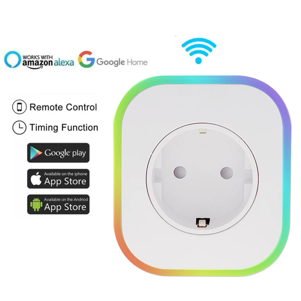 

New WiFi Smart Plug Socket RGB LED Light EU Remote Control Plug Smart Timing Switch Work for Google Home Mini Alexa IFTTT