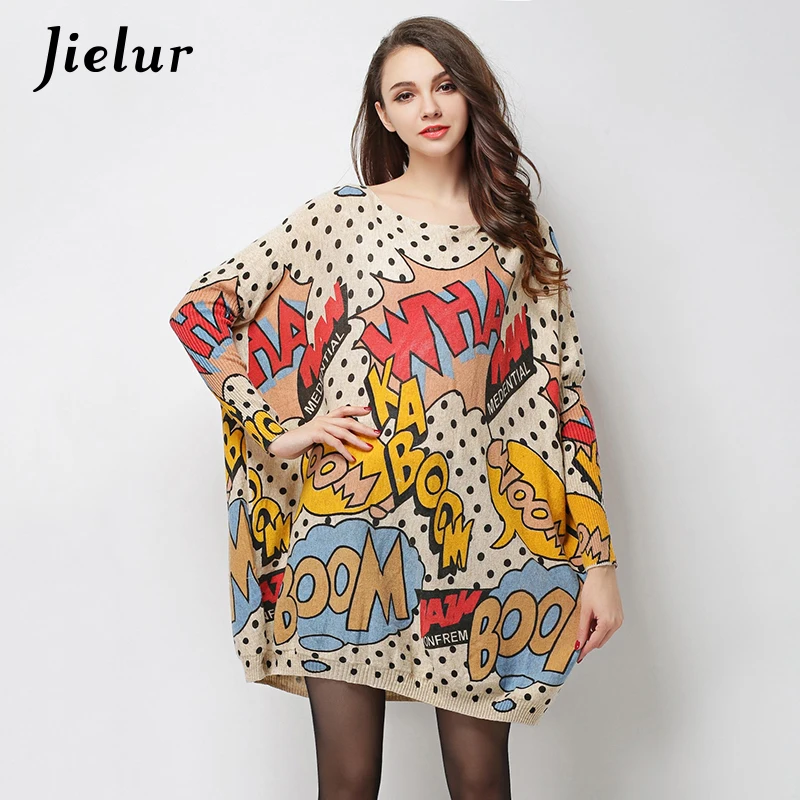 

Jielur 2019 Autumn Large Size Clothes for Women Attractive Letter Printed Sweaters Pullovers Loose Fashion Knitted Sweater Long