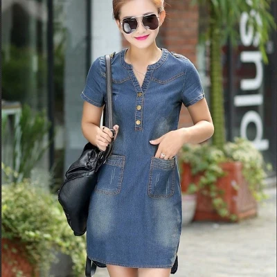 Летние женские джинсовые платья размера плюс 5XL с v-образным вырезом и коротким рукавом, облегающее джинсовое платье с карманами, женская одежда - Цвет: Deep Blue