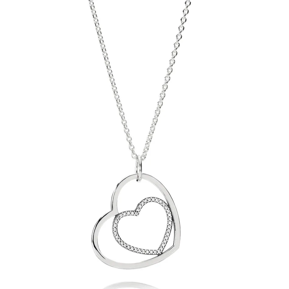 

Authentic 925 Sterling Silver Necklace for Women Heart To Heart Pendant Necklace Clear CZ Pave Crystals fit Lady Jewelry