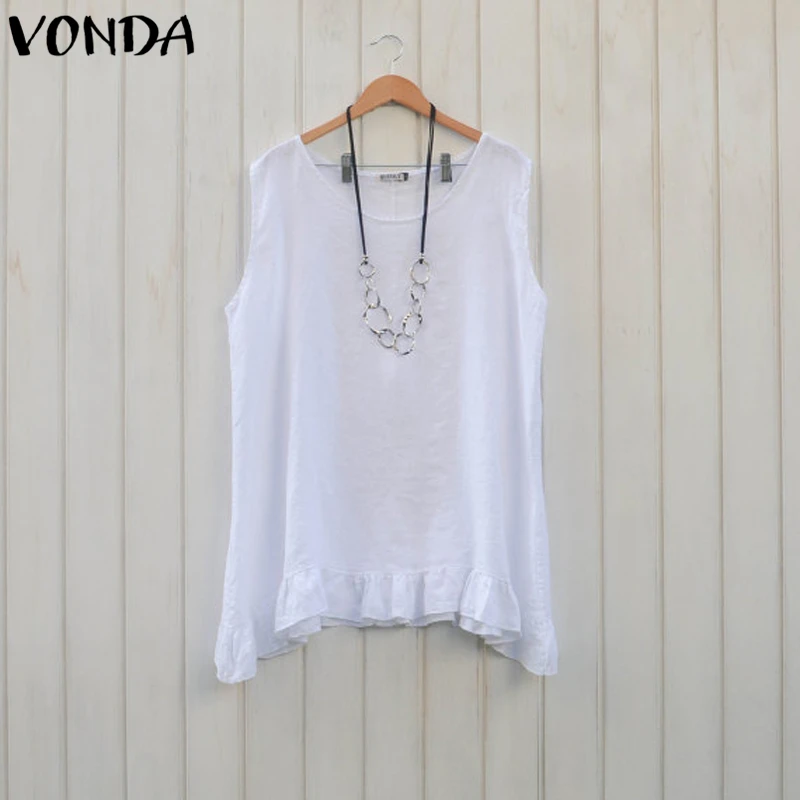 

VONDA 2019 Summer Clothes Women T-shirt Casual Loose Sexy Sleeveless Shirts Ruffles Tops Tees Plus Size Pullover Blusas Shirts