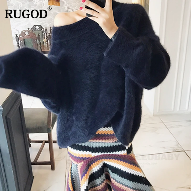 RUGOD 2018 Autumn and winter New White and Pink Oversize Loose Slash Neck Hight Street style women sweater Pullovers korean