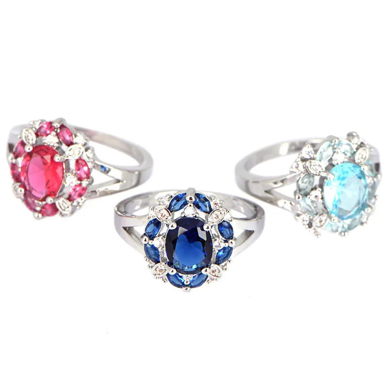 Princess Blue Gem Created Blue Crystal Silver Color Wedding Finger Crystal Ring Brand Jewelry For