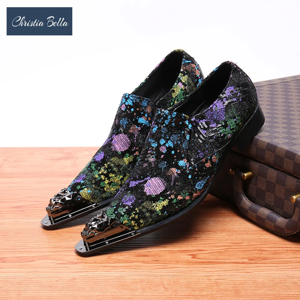 

Christia Bella Fashion Printing Genuine Leather Men Business Shoes Plus Size Slip on Metal Pointed Toe Formal Dress Shoes