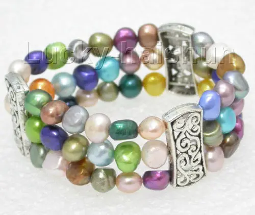 

Fast shipping stretchy! 3row 9mm Multicolor Baroque pearls bracelet springy J8129