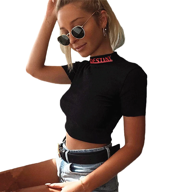 

Women Cotton Letters Print High Neck Crop Tops Black Short T Shirts Casual T-shirts 2019 New Fashion Summer GRNSHTS