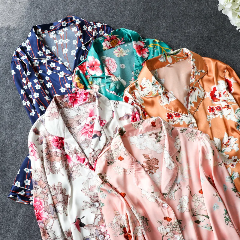 Daeyard, женские пижамы, роскошный цветочный принт, рубашки и штаны, 2 шт., пижамный комплект, шелковая пижама, одежда для сна, Весенняя Пижама, домашняя одежда