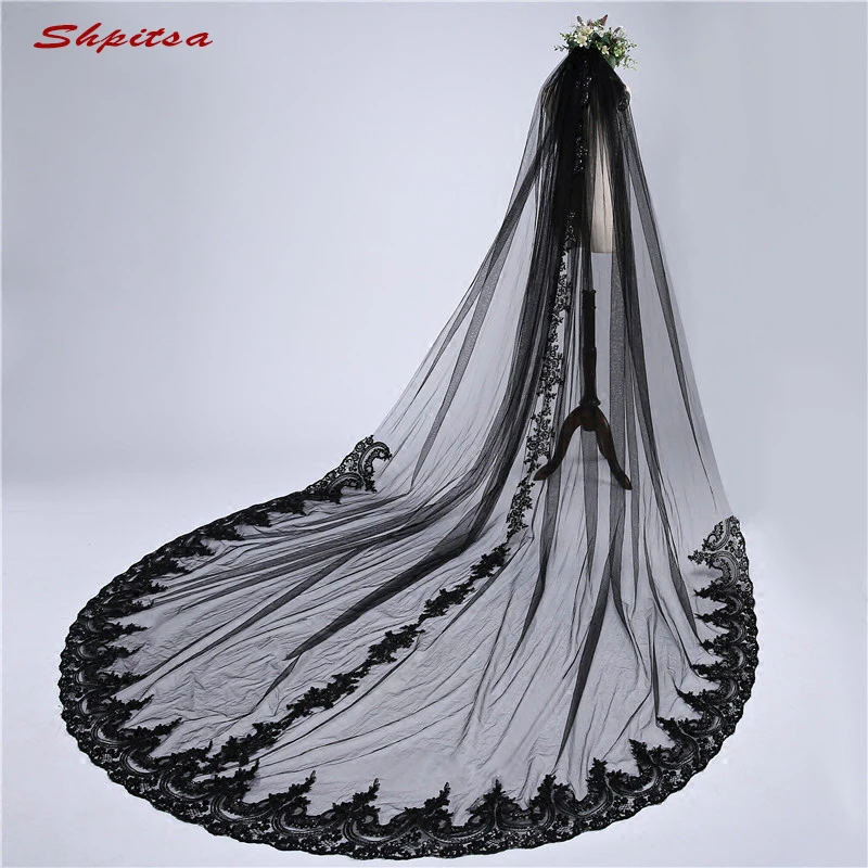 Black Lace Long Cathedral Wedding Veil 3 m Vail One Layer Bride Bridal Veils Metry | Свадьбы и торжества