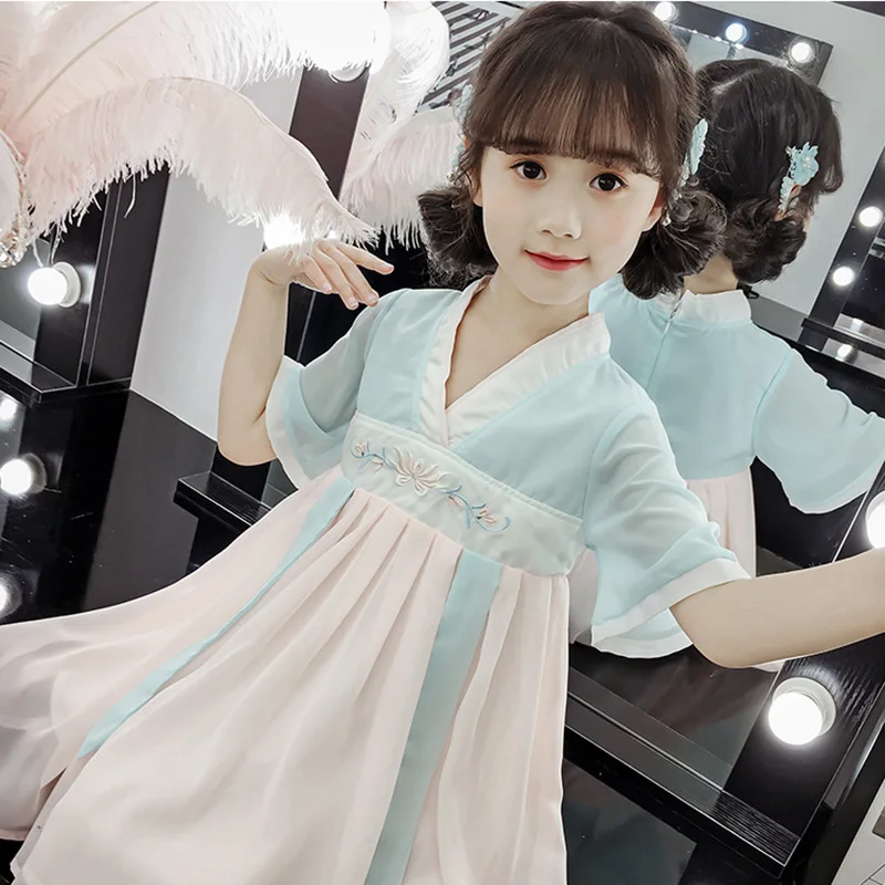 Платье с вышивкой для девочек новое летнее платье с короткими рукавами для маленьких девочек, с сеткой, ханьфу китайское платье Стильное Модное детское милое платье принцессы От 2 до 10 лет