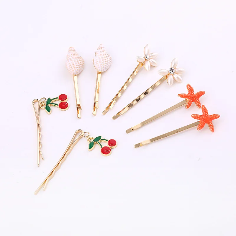 

New Fashion Women Girls Cute Enamel Starfish Conch Cherry Simulated-pearl flower Bobby Pins Holiday Ocean Fruit Hairpins